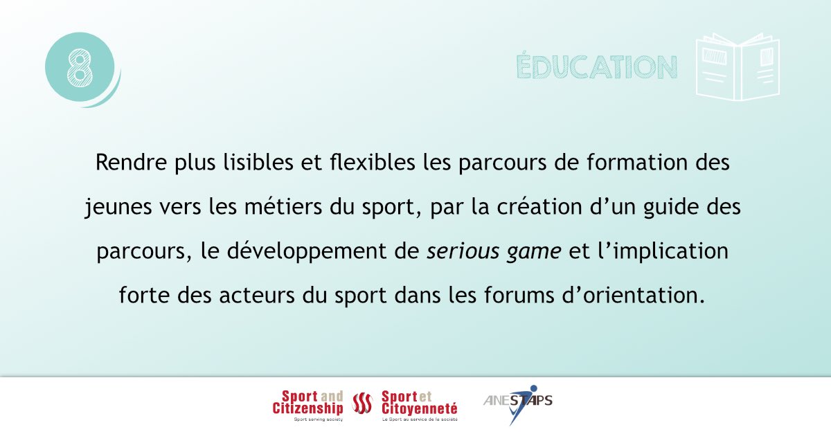 ANESTAPS's tweet photo. [ 💡 EDUCATHON - Éducation ]

#Proposition8

📣 Création d’un guide des parcours afin de rendre plus lisibles et flexibles les parcours de formation des jeunes vers les métiers du sport. 

↪️ Toutes les propositions sur notre site : https://t.co/R8XbowHlFZ https://t.co/LFsnw8coiY