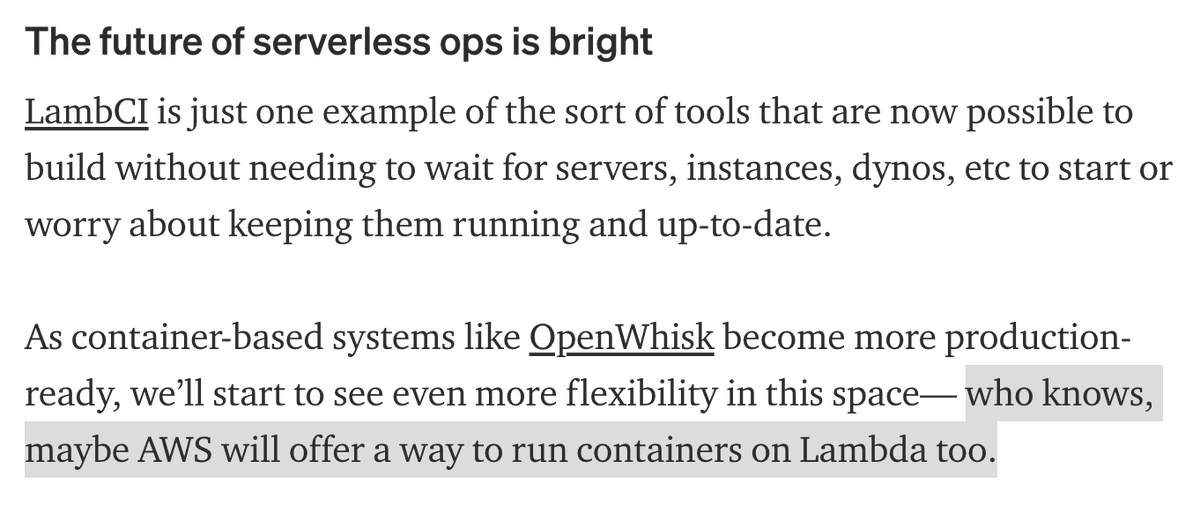 LambCI launched mid-2016: it's fascinating to read back and see what's changed (and how little hasn't) since. At the time I wrote "the future of serverless ops is bright". With the launch of container images and huge compute, this is even more true now. hichaelmart.medium.com/lambci-4c3e29d…