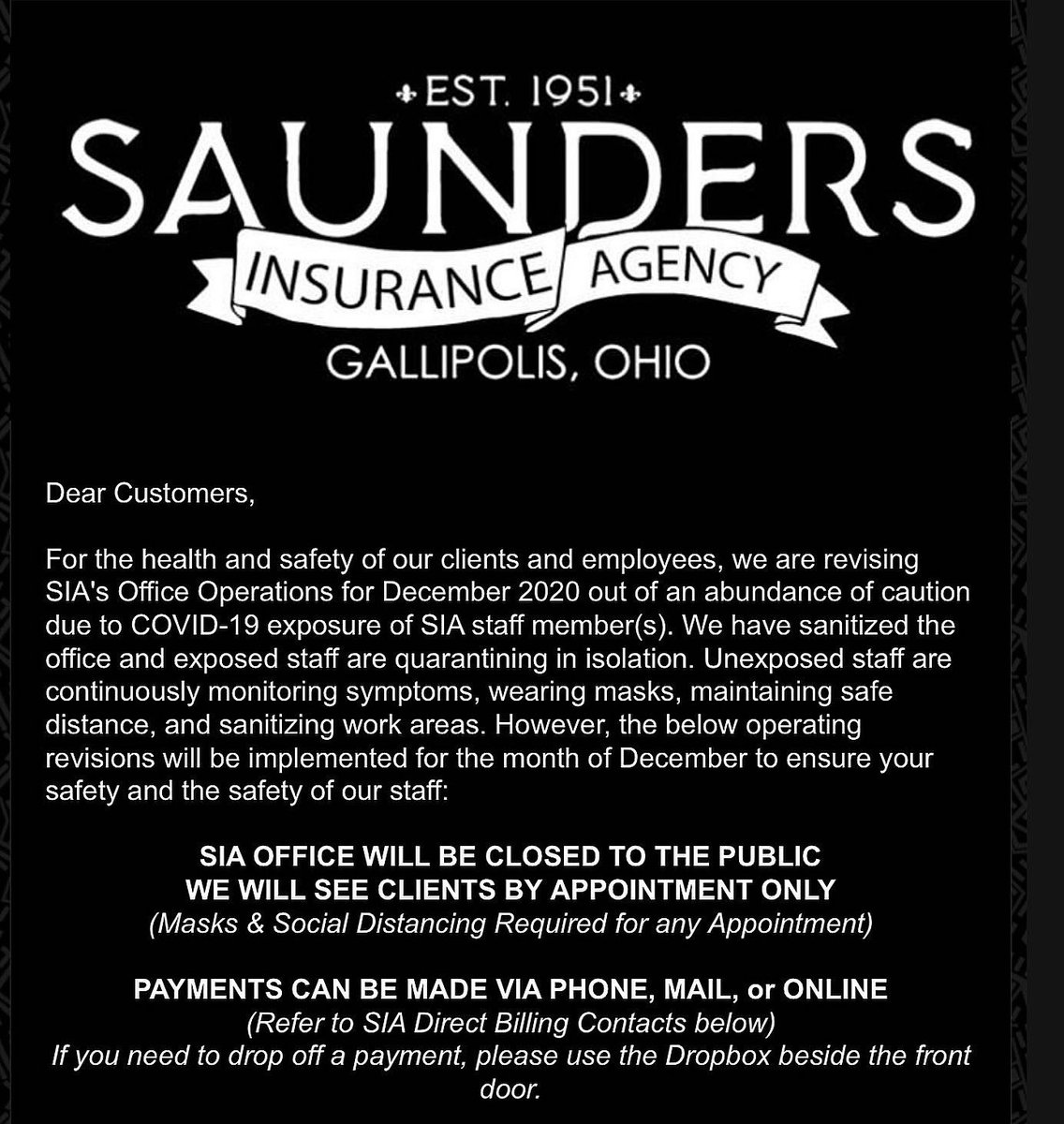 SIAinsure's tweet image. SIA Office will be closed to the public &amp;amp; see clients BY APPT ONLY for your safety due to COVID exposure of SIA staff member(s). See Contactless Communication Options here 📲