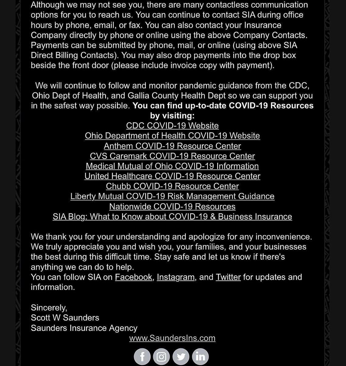SIAinsure's tweet image. SIA Office will be closed to the public &amp;amp; see clients BY APPT ONLY for your safety due to COVID exposure of SIA staff member(s). See Contactless Communication Options here 📲