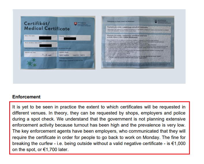 "It is yet to be seen in practice the extent to which  #certificates will be requested in different venues...The fine for breaking the  #curfew - i.e. being  #outside without a  #valid negative  #certificate - is €1,000 on the spot, or €1,700 later." [p 10] #PoliceState