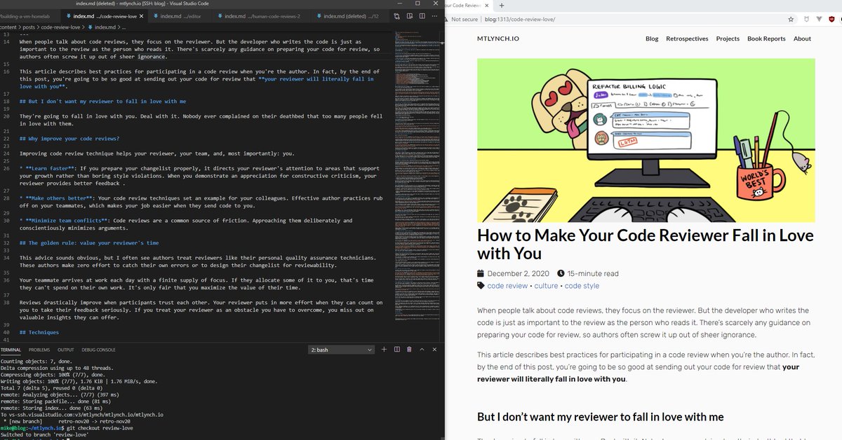 While the build runs, I read the post aloud to myself one final time and tweak things that sound wrong and fix any last errors I find.
