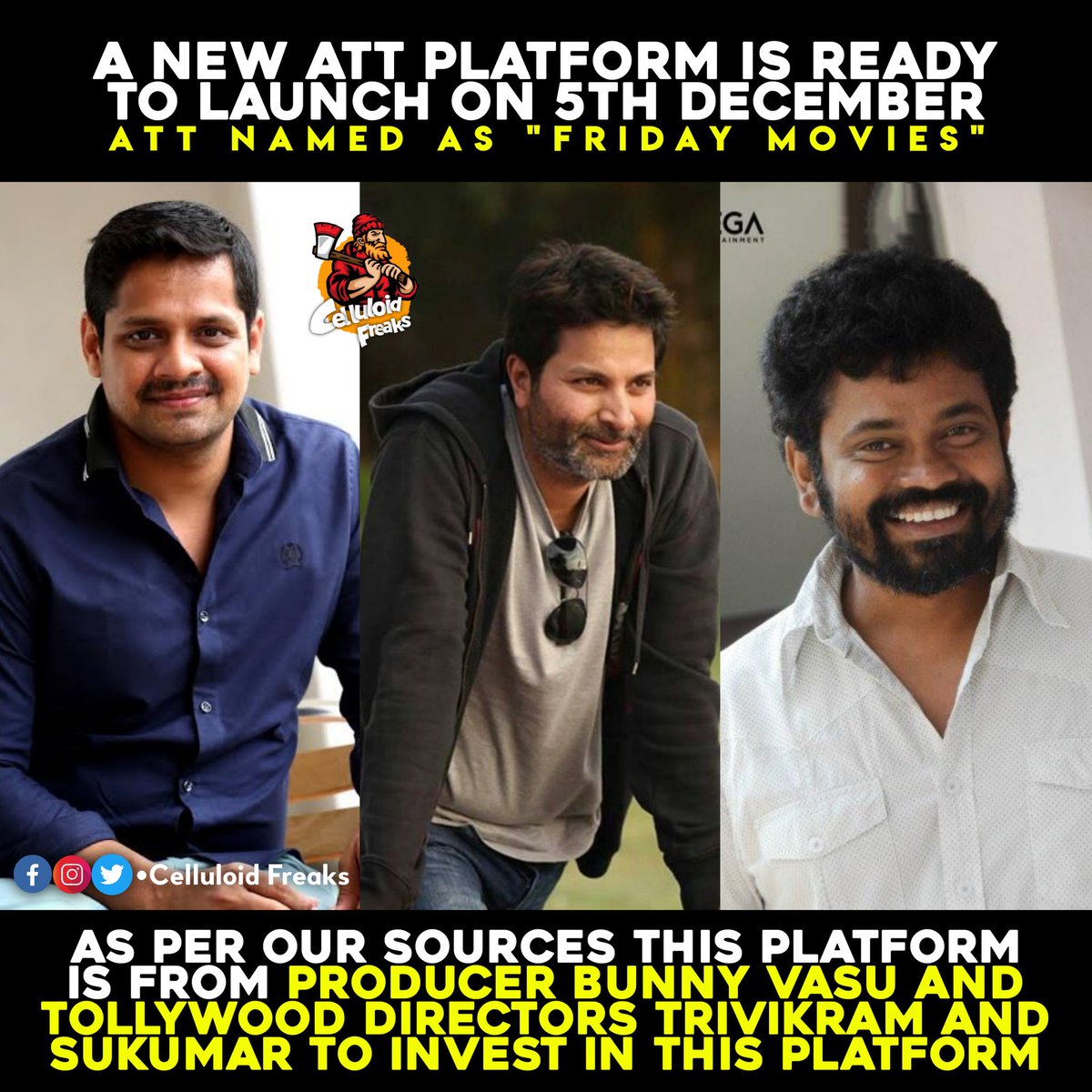 FreaksCelluloid's tweet photo. 👉 Follow @FreaksCelluloid For More Exclusive Filmy Updates 🎬💥
Twitter I'd : @FridayMoviesOfl 👈
#BunnyVas #TrivikramSrinivas #Sukumar #ATTPlatForm #FridayMovies https://t.co/IKJ6lZirEE
