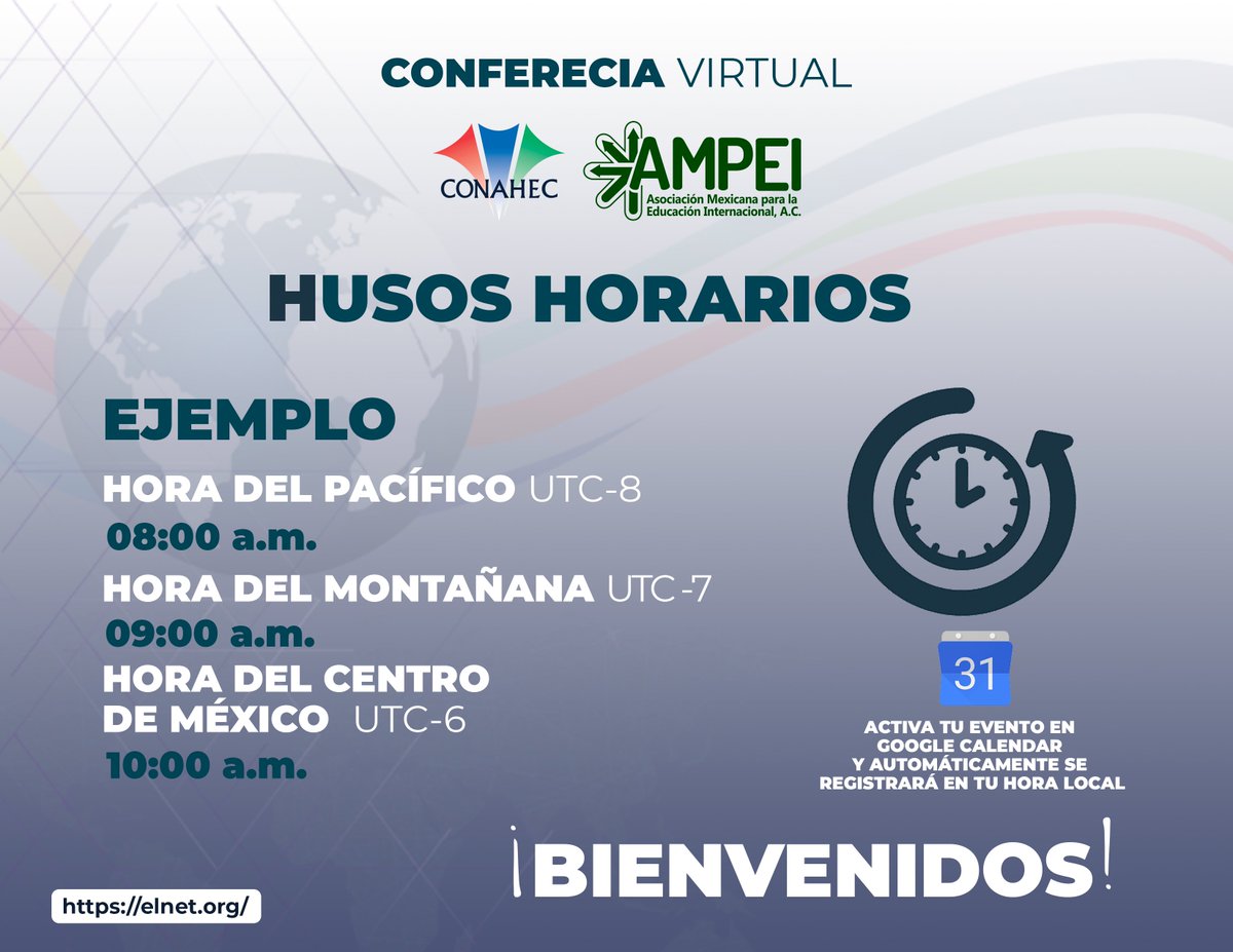 AMPEI1's tweet photo. #ConferenciaVirtual #CONAHEC #AMPEI
@CONAHEC - @AMPEI1
¡Bienvenidos!
Les compartimos un ejemplo de los husos horarios para conectarse a los eventos de la CONAHEC-AMPEI Virtual Conference 2020
Recuerden cualquier duda, estamos a la orden. https://t.co/Cw6QOFLo5B