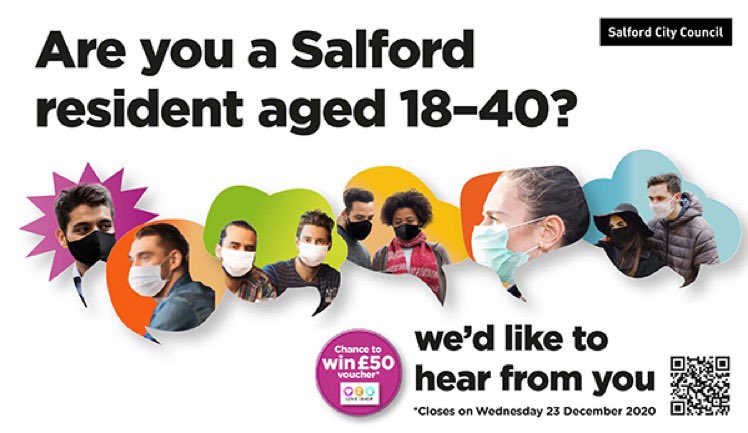 HWSalford's tweet photo. Salford City Council want to understand what young adults (aged 18-40) think of Covid testing and the vaccine, and are asking for your views via a short survey, with a chance to win a £50 Love2Shop voucher (closing date 23rd Dec).

To have your say, visit: https://t.co/V6yptYNwn4 https://t.co/NeYafHa5qP