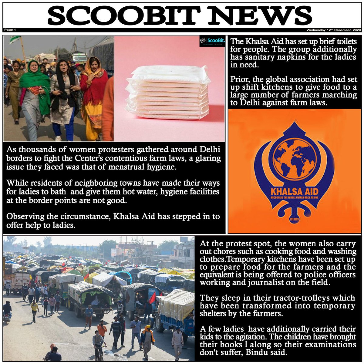 scoobit__'s tweet photo. As thousands of #womenprotesters gathered around #Delhi borders to fight the Center's contentious #FarmLaws, a glaring issue they faced was that of menstrual hygiene. #khalsaaidindia has set up to provide them with free #sanitarypads. https://t.co/5VapNjJkDd