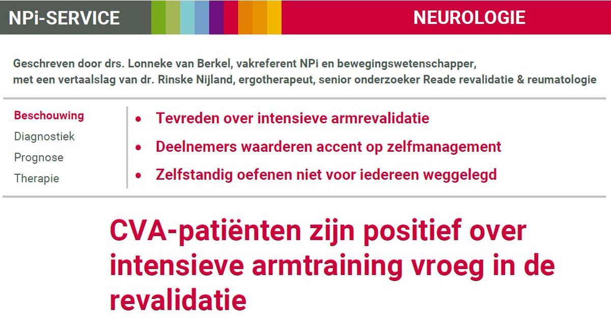 paramedisch's tweet photo. CVA-patiënten zijn positief over intensieve armtraining vroeg in de revalidatie.
#NPiService #Neurologie
Bekijk hier de themapagina Neurologie met referaten, webcasts en themanieuws:
https://t.co/T8a9cwNk0a https://t.co/2bZcvV4PdC
