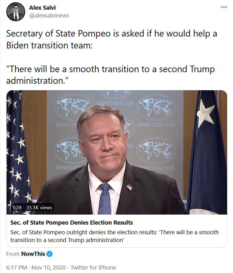"See pic related for Pompeo cucking the media hard. Trump won, and he already has the proof to show it. The lawsuits are just a formality to provide the courts with an official investigation timeline and timeline of documented events."
