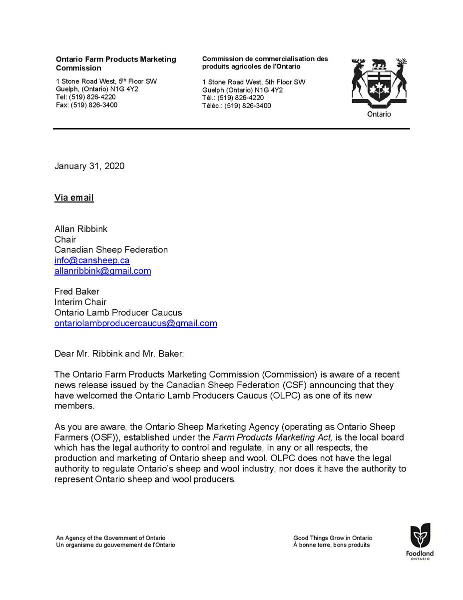 LambCaucus's tweet photo. Letter from Valerie Gilvesy (Interim Chair OFPMC) to Allan Ribbink (Chair CSF) and Fred Baker (Chair OLPC) 
Dated January 31, 2020

#OntSheep #CanSheep #OLPC #CSF #OFPMC https://t.co/OfgCeWbp0r