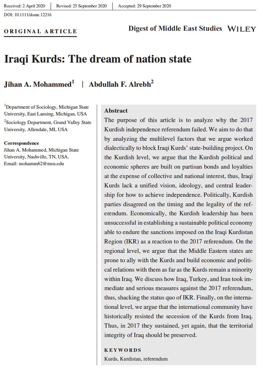 Domesjournal's tweet photo. 5/7 Jihan A. Mohammed @JihanAMohammed and Abdullah F. Alrebh @AbdullahAlrebh examine the timeline leading up to the referendum and its immediate aftermath to account for the failure of the referendum to have its intended outcome in “Iraqi Kurds: The Dream of Nation State.” https://t.co/4MoNcBDCRA