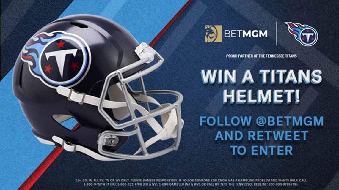 Titans's tweet photo. #Titans helmet giveaway! ⚔️

Retweet and follow our friends @BetMGM to enter for your chance to win! Winner selected on Friday. https://t.co/mKNURMig3q