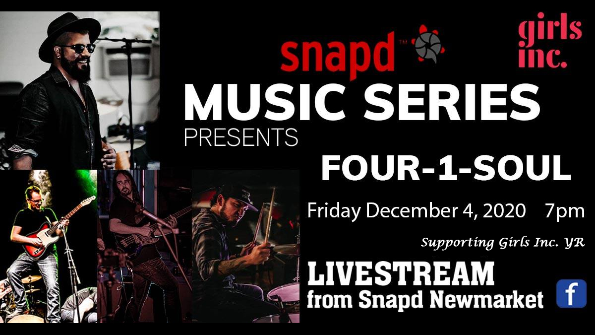 Friday at 7pm <a href="/getsnapd/">snapd</a> Music Series presents Four-1-Soul, live on Facebook @ 7PM at facebook.com/snapdNewmarket/ Donations to Girls Inc York Region <a href="/Girls_Inc_YR/">Girls Inc. of York Region</a> newmarket.snapd.com/events/view/13… #live #music #aurora #bradford #georgina #newmarket #yorkregion