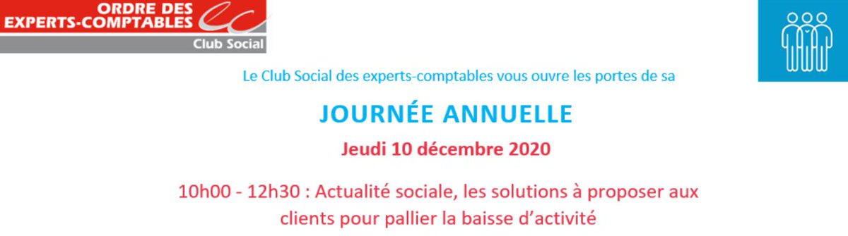 #ExpertsComptables, le Club social vous invite à participer gratuitement à la conférence de sa journée annuelle dédiée aux solutions à proposer aux clients pour pallier la baisse d'activité.
Rdv le 10 décembre de 10h00 à 12h30 !
➕d'infos et inscription : bit.ly/2VpJJaT