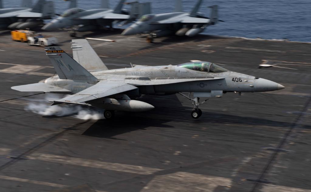 USNavy's tweet photo. Air Power 💪 

Nimitz Strike Group, is deployed to the U.S. 5th Fleet to ensure maritime stability and security in the Central Region, connecting the Mediterranean and Pacific through the Western Indian Ocean and three critical chokepoints to the free flow of global commerce. https://t.co/96jjnwNCWa