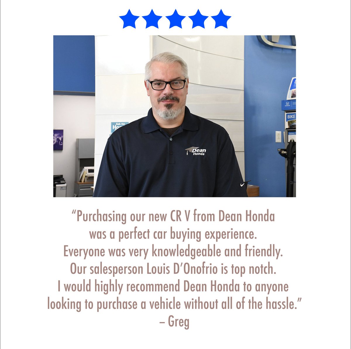 5 star rating for Sales and Leasing Consultant Louis ! Great job! Greg, thank you for taking the time to leave us a great review! Another happy customer!
