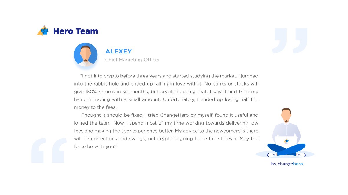 Changehero_io's tweet photo. Each #ChangeHero team member has a story to tell.
Here's Alexey's, the CMO: we asked him when did he start his journey in #crypto and how and why he joined us๐๏ธ
#CHTeam https://t.co/aZoRiRWLcO