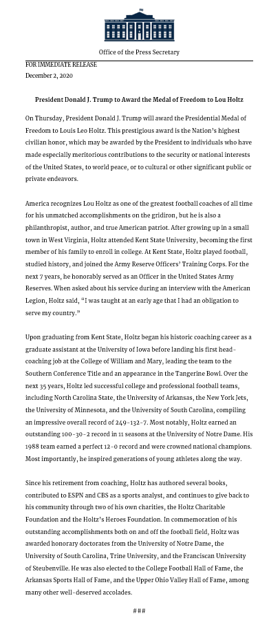 On Thursday, President <a href="/realDonaldTrump/">Donald J. Trump</a> will award the Medal of Freedom to legendary football coach, United States Army Reserves veteran, philanthropist, author, and true American patriot, Lou Holtz! 

Official Announcement from <a href="/PressSec/">Karoline Leavitt</a> here⬇️