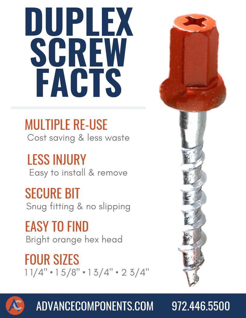advancenow's tweet photo. The amazing #reusable #DuplexScrew is in STOCK at Advance! https://t.co/RryNkHfbam #fasteners ship fast! #construction #theater #exhibits #artinstallations #stormproofing #concrete https://t.co/AnK4fbuZyo