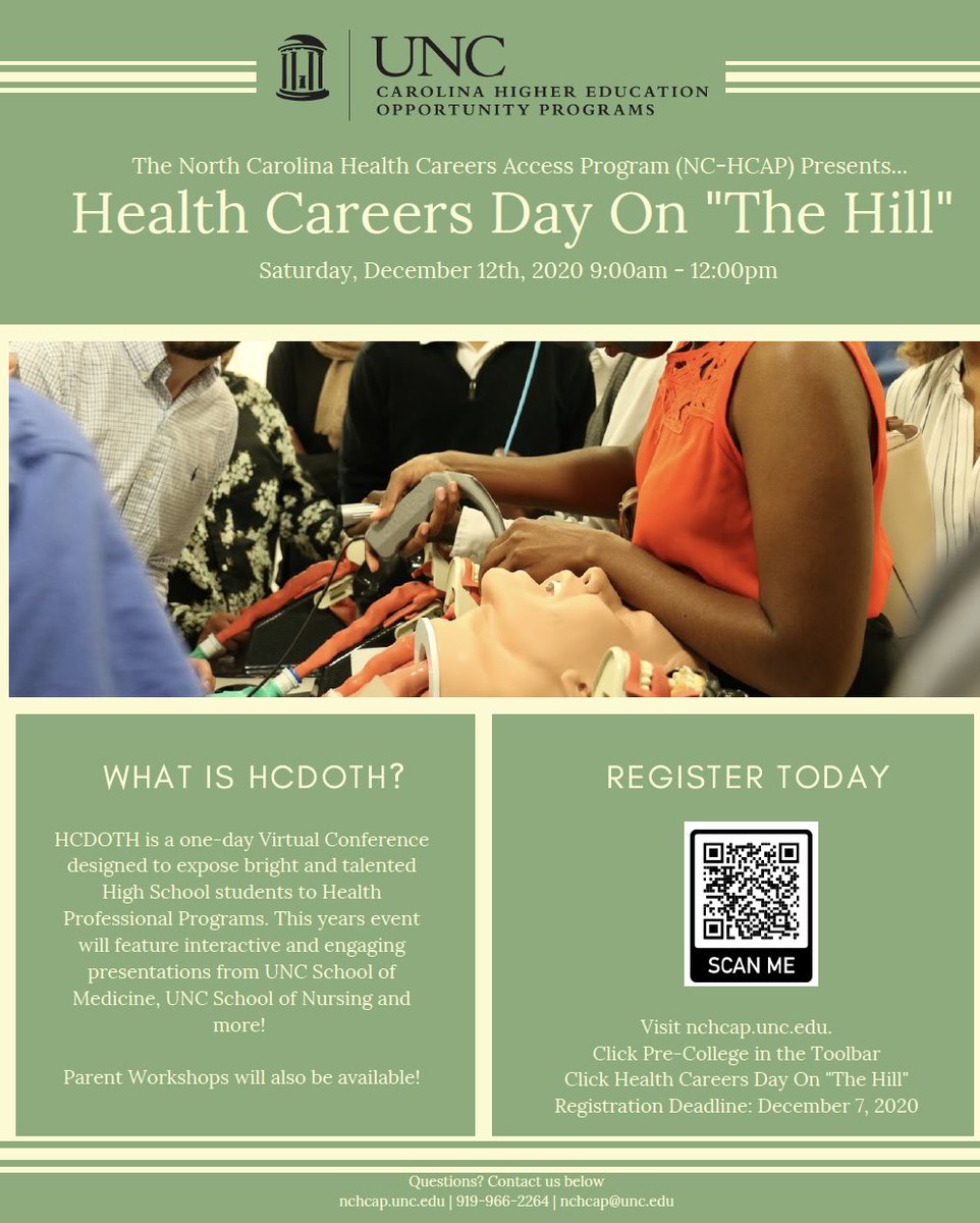 Health Careers Day on "The Hill" - free event on Saturday, Dec. 12 for students interested in exploring careers in health science! Register online: nchcap.unc.edu/pre-college/he…