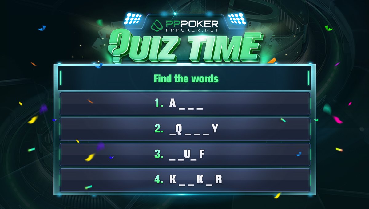 Add some 💎💎💎to your #PPPoker UID! #PPQUIZ 

Correctly decipher these 4 poker terms! 🧠

Random winners to be announced on Dec 7! Become a #WeeklyWinner 💪 #pokeronline