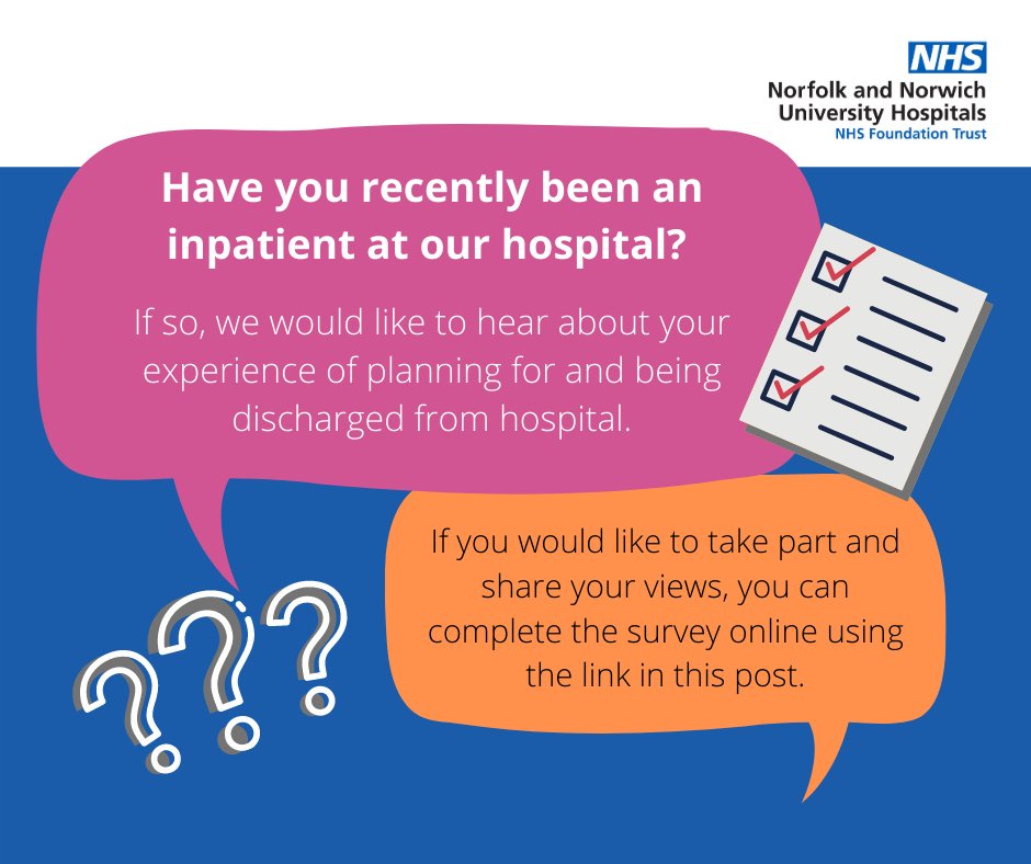 🗣️ Have you recently been an inpatient here? If so, we would like to hear about your experience of planning for and being discharged from hospital.

Take part and share your views: oc-meridian.com/OCQ/u/NNUH168
<a href="/PatientExp_NNUH/">NNUH Patient Engagement & Experience Team</a>