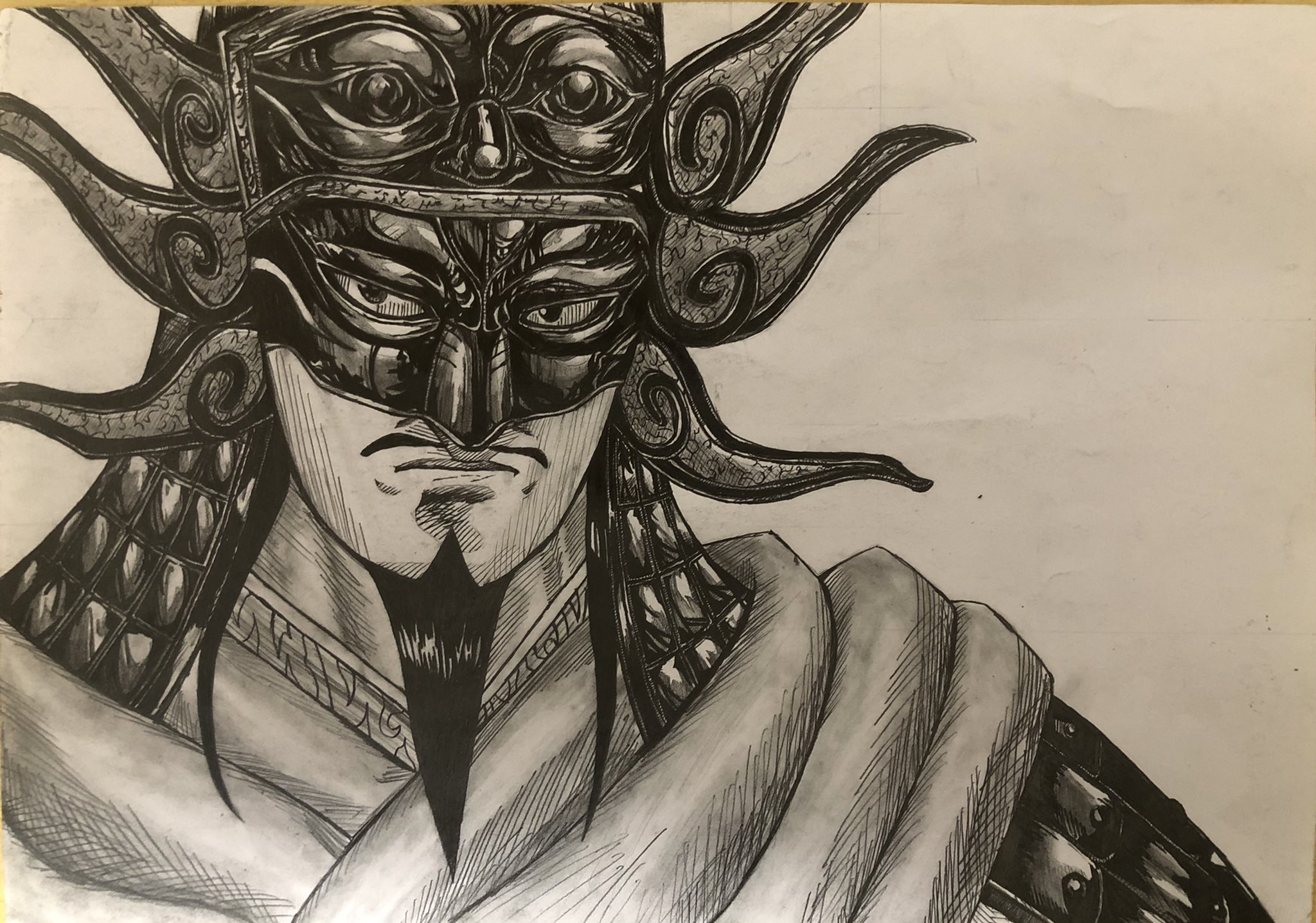 クマシロ キングダムの王翦将軍描きました 一番好きなキャラでかっこいいですよね いや かっこいいですわ 仮面外した顔マジで見たい Youtubeまたあげるので見てください キングダム 王翦 おうせん 絵 鉛筆 アート T Co Jpvuwjaavr Twitter