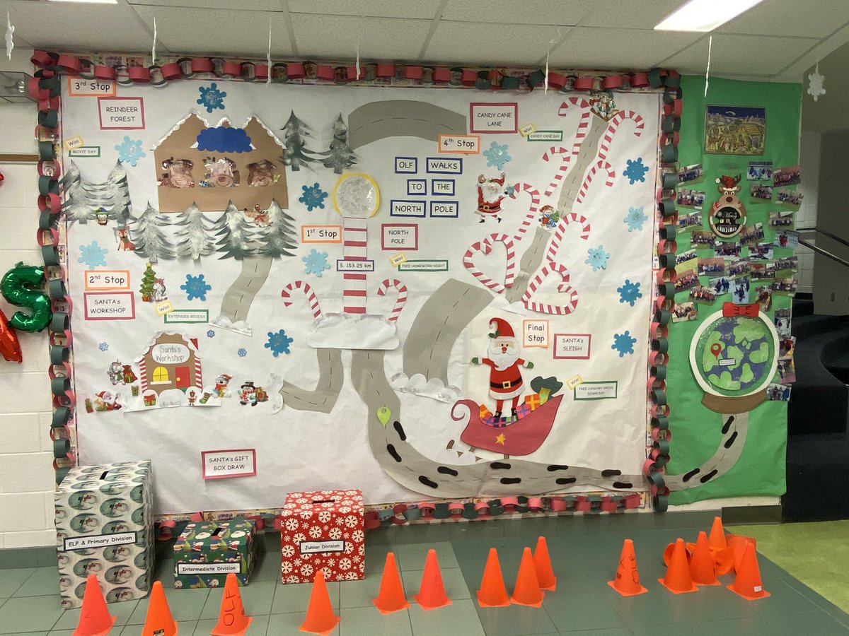 REELfunfitness's tweet photo. Wow Fatima did it again!!! The whole school community walked/ran to the North Pole! Next stop Santa’s workshop! Keep moving and bringing in canned foods! #nohomeworknight #funfitfab #community @ophea @olftcdsb @TCDSB https://t.co/nOZMATrhop