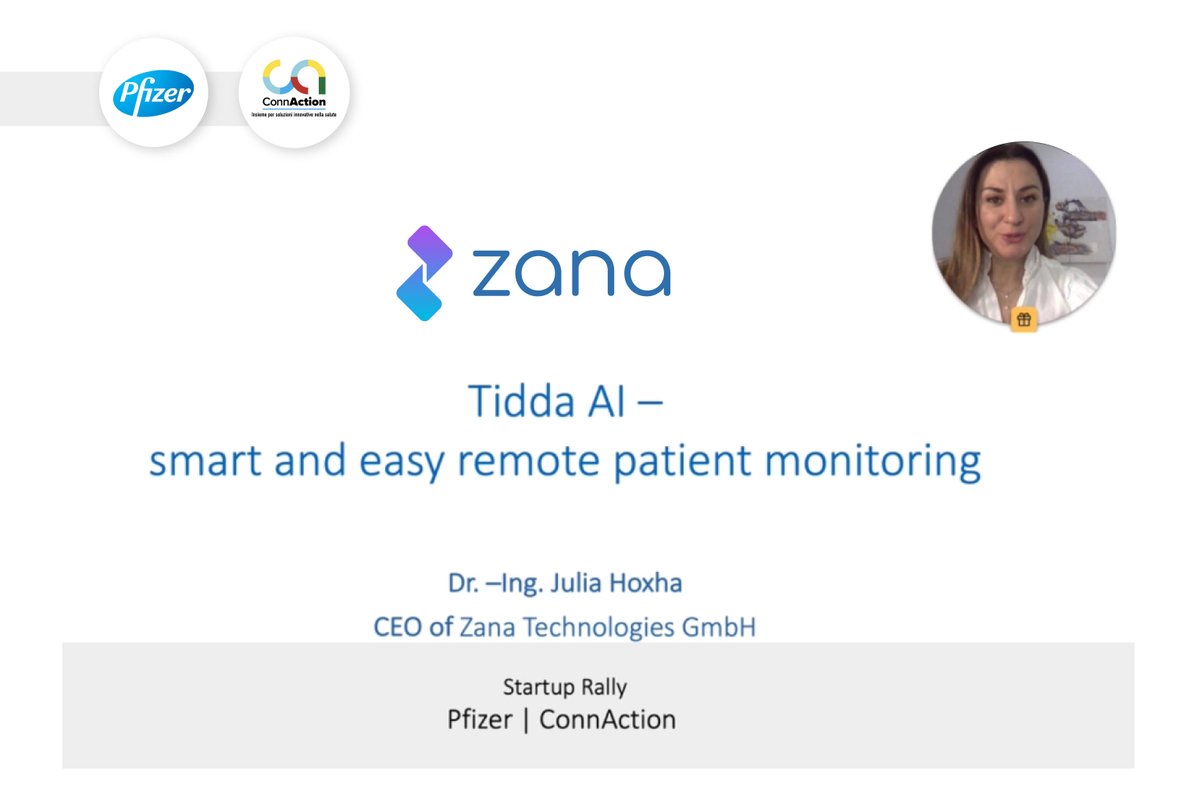 Pfizer Healthcare Hub promotes a series of virtual meetings under the initiative "ConnAction - Together for #innovative solutions in #health". 
The event took place on Monday where our CEO, Dr. Julia Hoxha, was invited to present‚ 𝗧𝗶𝗱𝗱𝗮 𝗔𝗜. tidda.care 
#AI