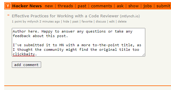 And I make the first comment to show that I'm willing to engage in the thread and interested in feedback. I added an explanation about the title too.