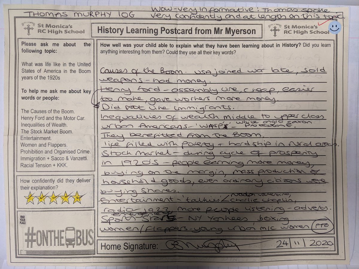 Hist_StMonicas's tweet photo. A brilliant History Learning Postcard from Year 10 student Thomas Murphy, who completed this homework with his parent. Loving the parental comment at the top of the postcard. Shows how great this homework is. #onthebus #sendmeapostcard #teamhistory #wow https://t.co/Nq1M9GMTo3