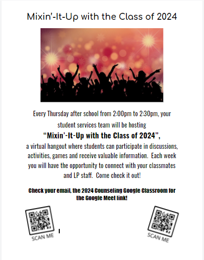 LakeParkSS's tweet photo. Class of 2024 please join your entire Student Services Team tomorrow for our weekly Mixin'-It-Up virtual hangout at 2-2:30 pm. Let's get to know each other better with a little game called "Would you Rather..." #WeAreLakePark #InThisTogether @LPLancers @AnthonyPSwope1 @RicoBrode https://t.co/UbNq0MgeTV