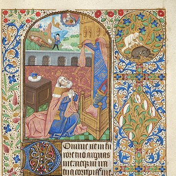 In this manuscript page, David's praying gaze is directed up towards a naked youth playing with a dog.(Morgan Library, MS M.172, f. 078r)
