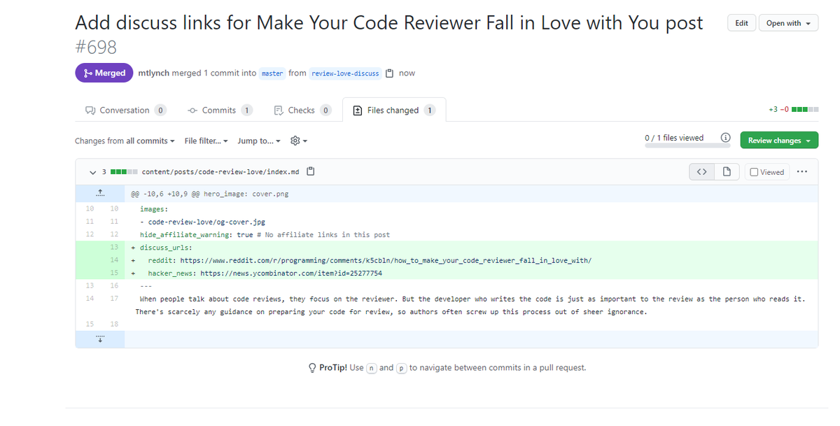 To wrap up, I link to those discussion threads from my original post. I have templates in Hugo that automatically generate discuss links based on the post metadata.