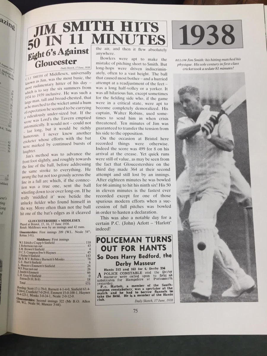 niallmccaughan's tweet photo. Trying to learn more about my great uncle, former England and Middlesex cricketer ‘Big Jim’ Smith.

Big Jim was a 1935 Wisden Cricketer of the Year who I think  still holds the record for the fastest 50 (time) in first class cricket, set in 11 minutes at Bristol in 1938 🏏 https://t.co/Zu0gphxMEx