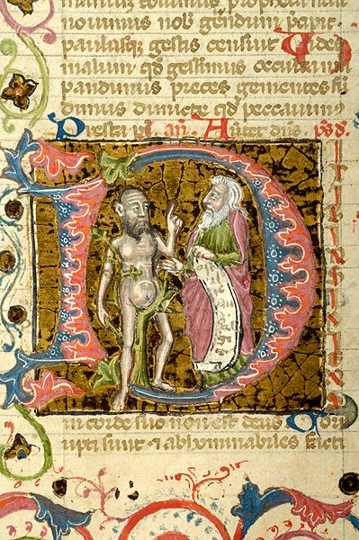 There are a LOT of examples of this. David is constantly speaking to a half-naked man.(Morgan, MS G.42.167v, MS M.200, f. 443r)