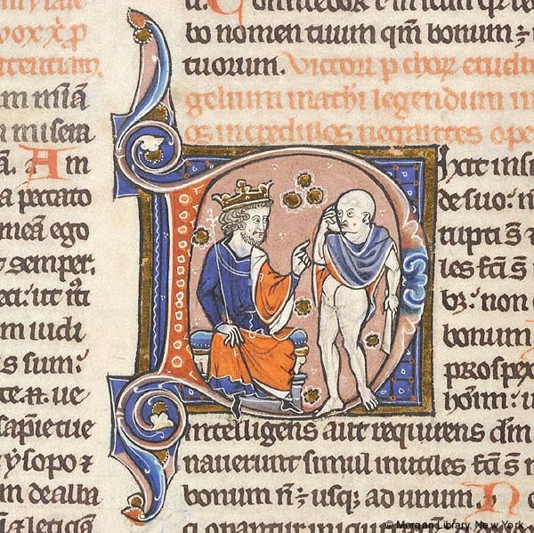There are a LOT of examples of this. David is constantly speaking to a half-naked man.(Morgan, MS G.42.167v, MS M.200, f. 443r)
