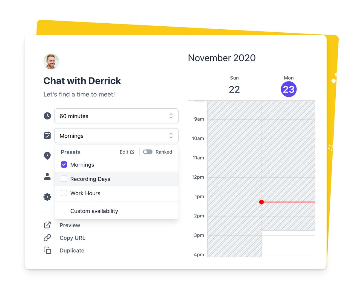 Adjusting availability should save time, not waste time. With SavvyCal, you can quickly make changes across multiple meeting types at the same time. With Calendly, availability has to be manually changed for each and every link.