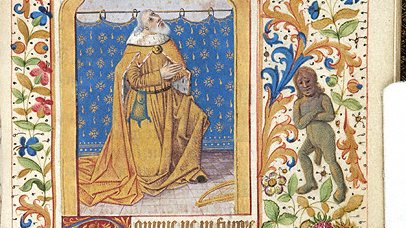 Finally, in this one, David prays opposite a naked wild man with a long penis, whose crossed arms mimic David's clasped hands.(Morgan, MS M.161, f. 080r)