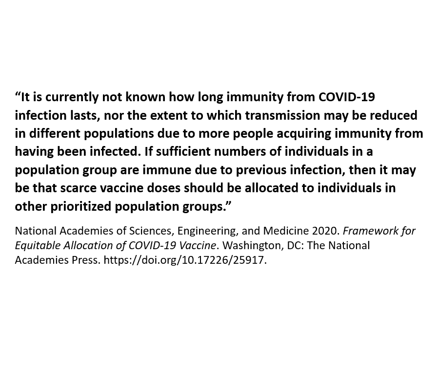7/ @theNASEM's framework does give some thought to the possibility that a population with high prevalence of prior infection might not be an ideal group to allocate an extremely limited vaccine.