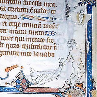 A half-naked David looks up, praying, while a fully naked man in the lower margin looks up, mimicking David's gesture.(Morgan, MS M.729, f. 346r)