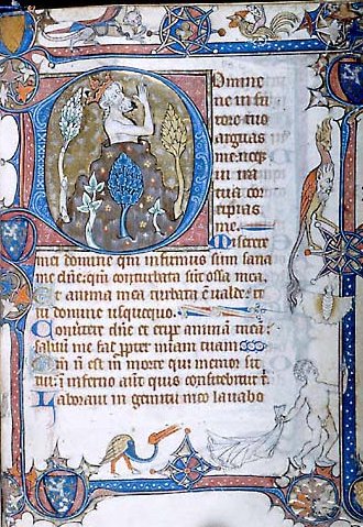 A half-naked David looks up, praying, while a fully naked man in the lower margin looks up, mimicking David's gesture.(Morgan, MS M.729, f. 346r)