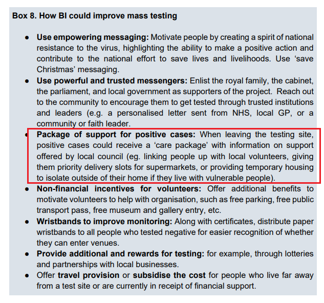 "When leaving the  #testing site, positive cases could receive a 'care package' w/ info. on support offered by local council (eg. linking people up w/ local volunteers, giving them priority delivery slots for supermarkets, or providing temporary housing..." [p 13]