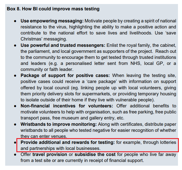 "Provide additional and  #rewards for  #testing: for example, through  #lotteries &  #partnerships with local businesses." [p. 13]