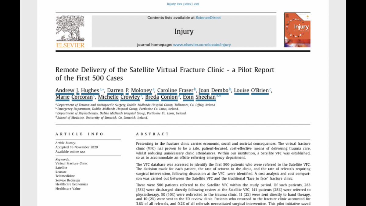 Our recent publication on ‘Remote Delivery of the Satellite Virtual Fracture Clinic’ - a good example of #integratedcare providing #safe, #quality & #specialistcare for patients in rural Ireland #mrhp with no orthopaedics on site @soomeraghsandra @DMHospitalGroup