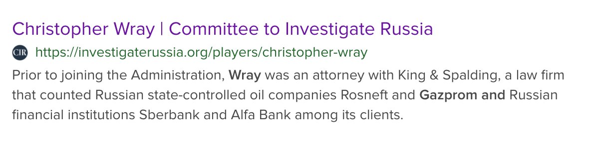 So what's interesting, is while he was being looked at for Trump's FBI, repl of Comey, people like this were digging on him. This is what makes it hilarious, now what?  https://investigaterussia.org/players/christopher-wray