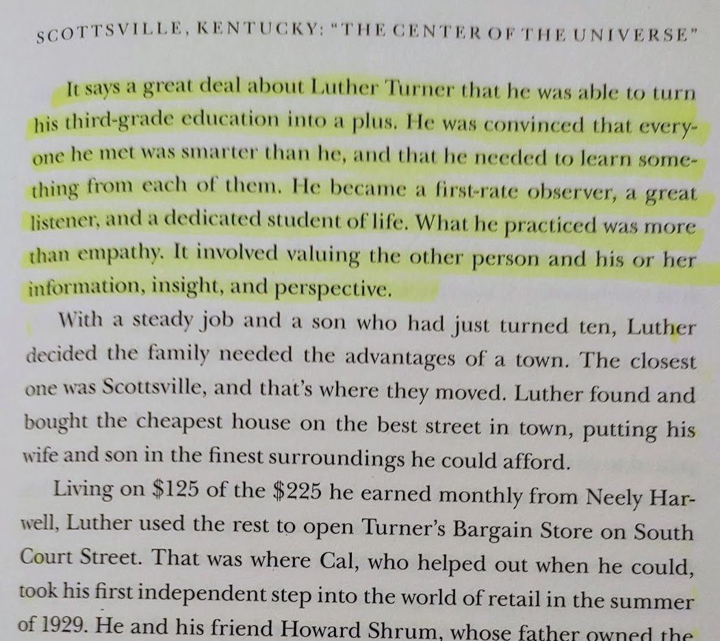2/ Luther Turner, Cal Jr's grandfather, opened his first store just before the Great Depression. Even though he had a 3rd grade education and could barely read, Luther's store was still successful, mostly by acknowledging he wasn't smart and could learn something from everyone.