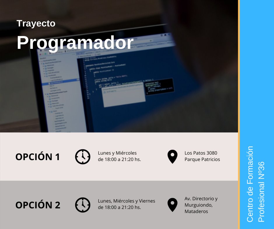 CFP36CABA's tweet photo. Inscripción para 2021
Trayecto Programador
- Requisitos: Contar con al menos 18 años y secundario completo.
- Inscribite y subí la documentación en: https://t.co/WREKznjrsU
Para más info escribinos a cfptreintayseis@gmail.com https://t.co/sIv0HKC7kI