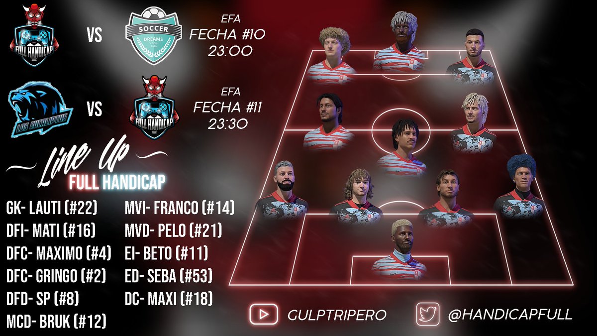 DEJAR LA VIDA LOS LOS COLORES 👹🍻

<a href="/EFAargentina/">EFA Argentina (desde 🏡)</a>
#2daDiv

23:00🕚
👹🍻vs <a href="/SoccerdreamsE/">SoccerDreams_eSports</a> 

23:30🕦
👹🍻vs #LosEucaliptus