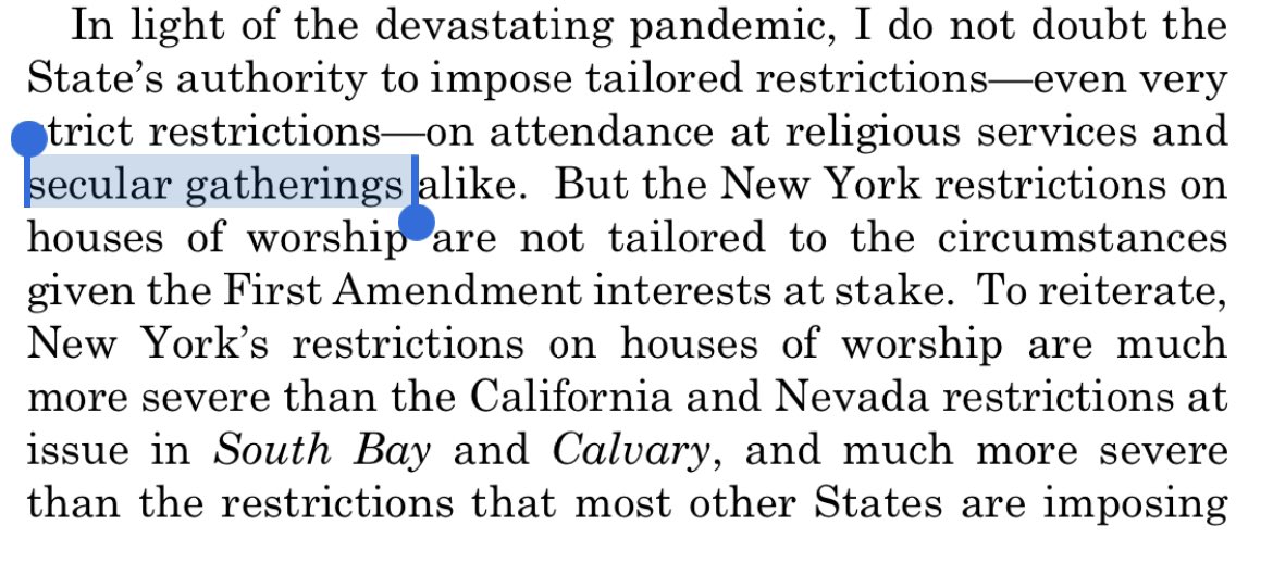 Kavanaugh slips up on this point in his concurrence, calling the venues that are open “secular gatherings”. Here’s the thing: buying eggs at a grocery store or picking up dog food at a pet store is not partaking in a “secular gathering“. 7/10