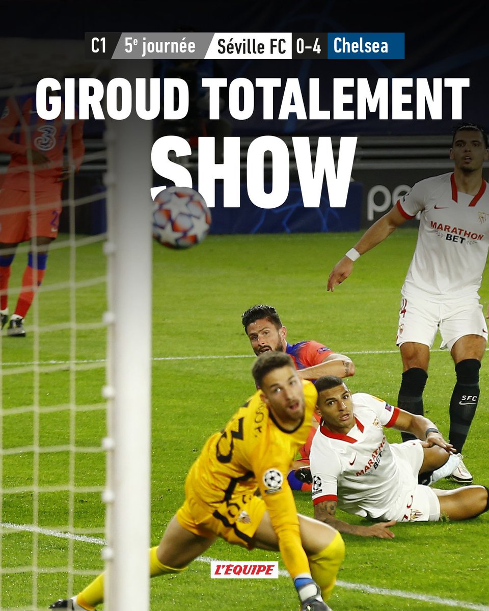 lequipe's tweet image. Olivier Giroud inscrit un quadruplé face à Séville ow.ly/meoS50CAX1E #SEVCHE